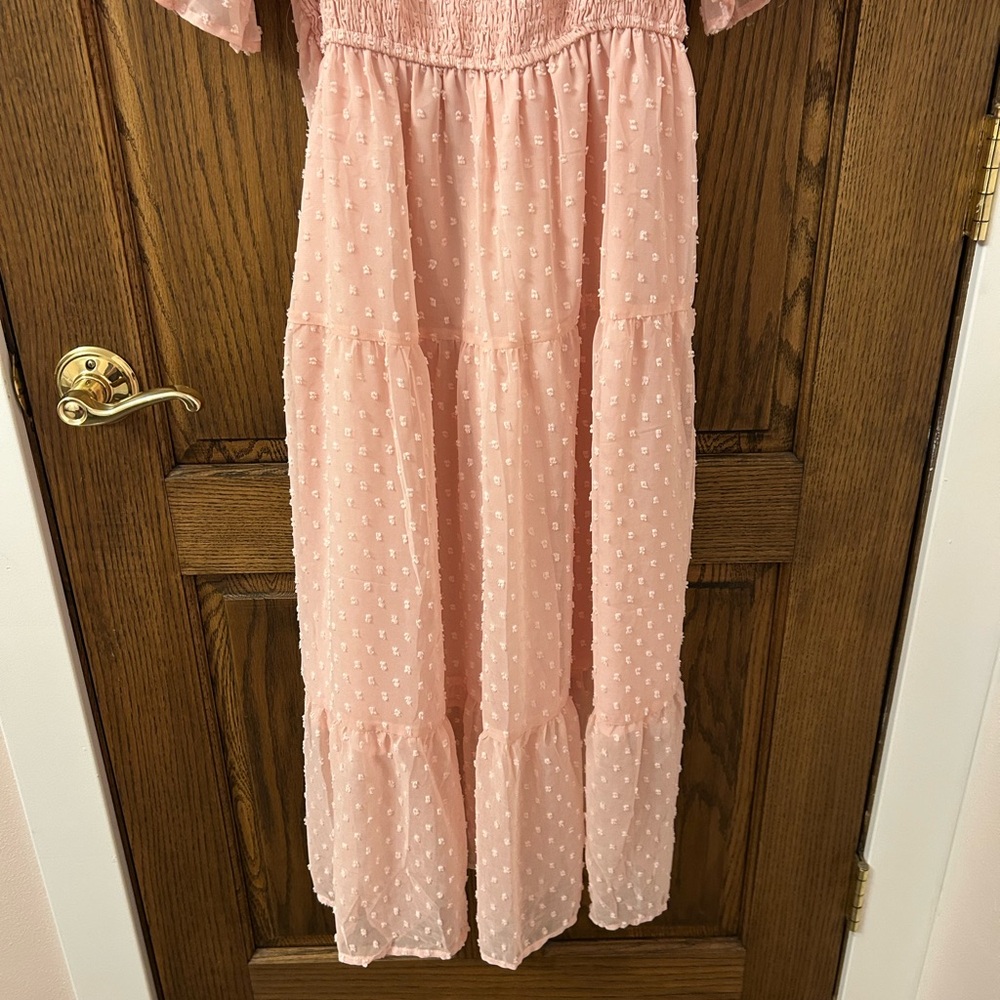 Elegant Pink Puff Sleeve Midi Dress Medium - Picture 3 of 7